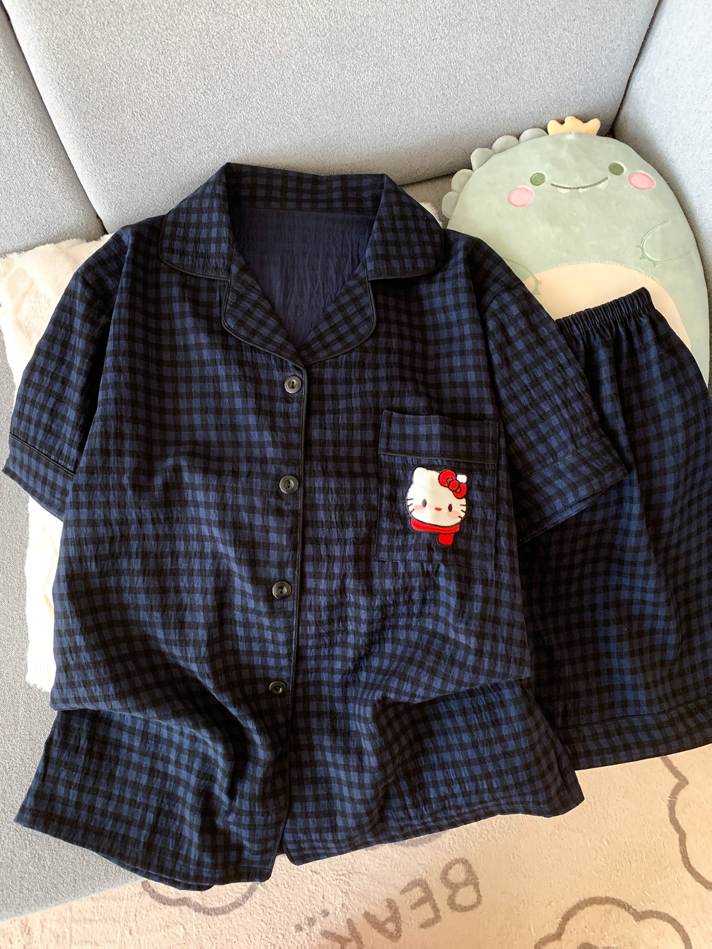 Navy Check Pajama Set with Hello Kitty Pocket β Shirt & Shorts