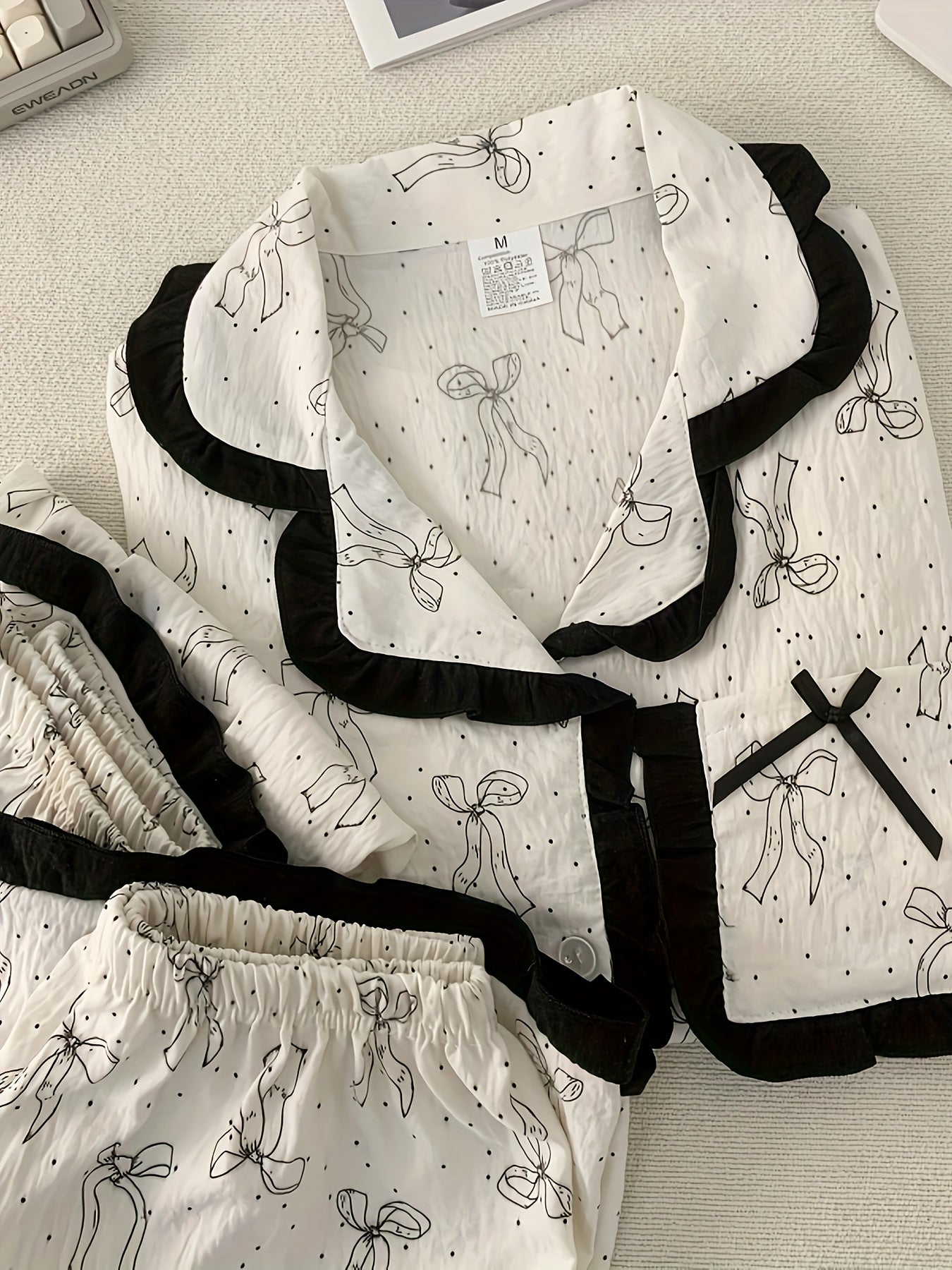 Elegant Bow Print Pajama Set – 3-in-1 (Shirt, Shorts & Pants)