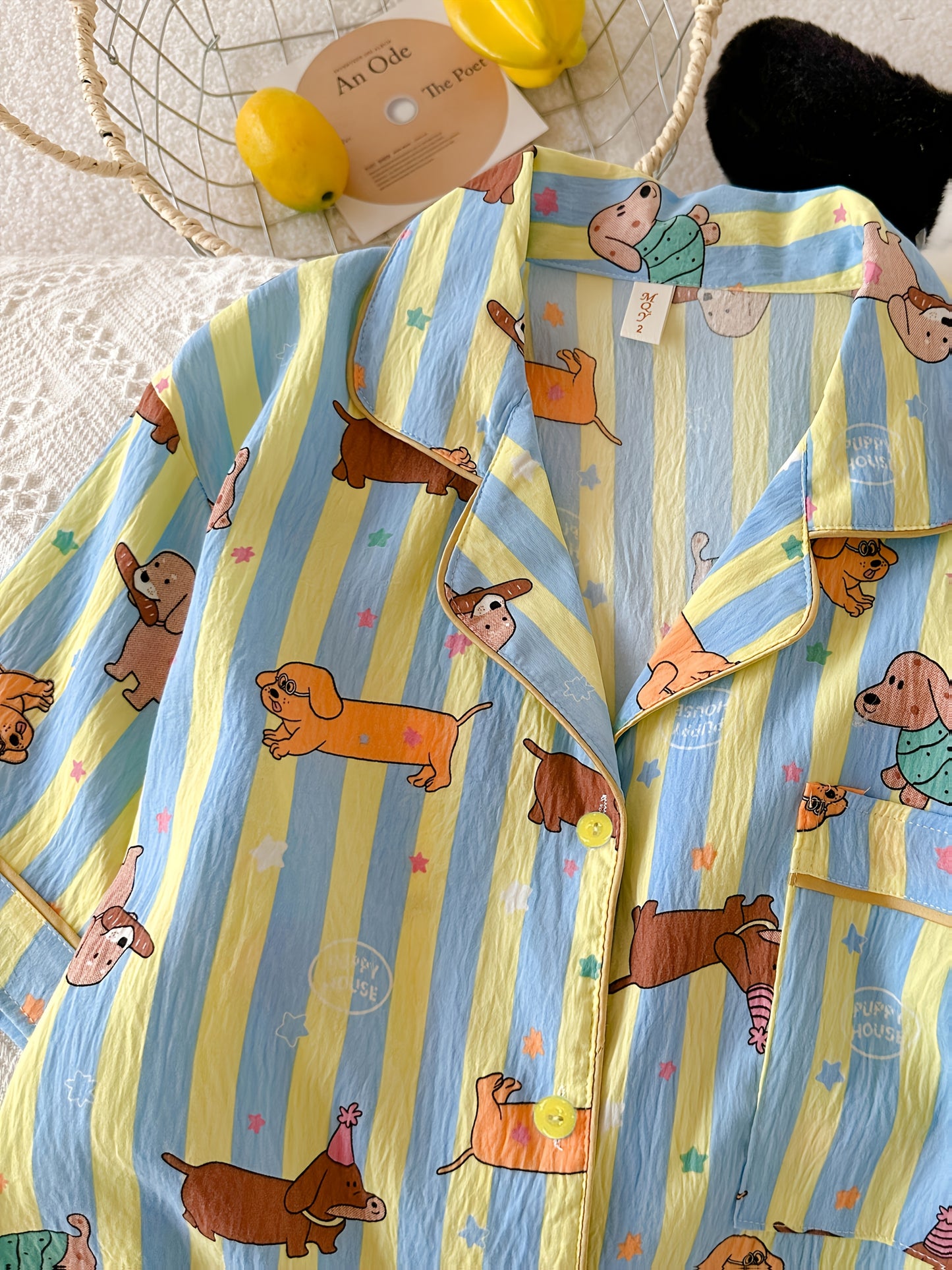Cute Dachshund Print Striped Pajama Set β Short Sleeve & Shorts