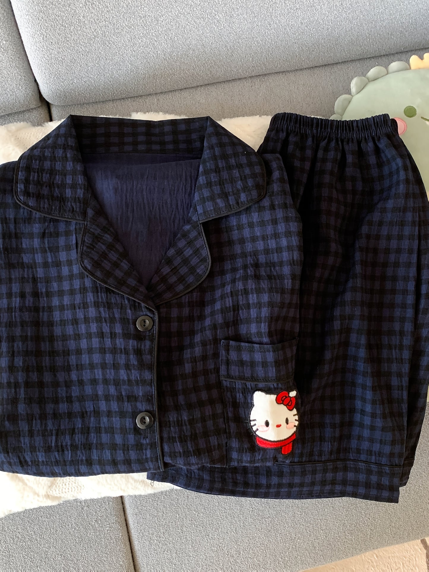 Navy Check Pajama Set with Hello Kitty Pocket β Shirt & Shorts