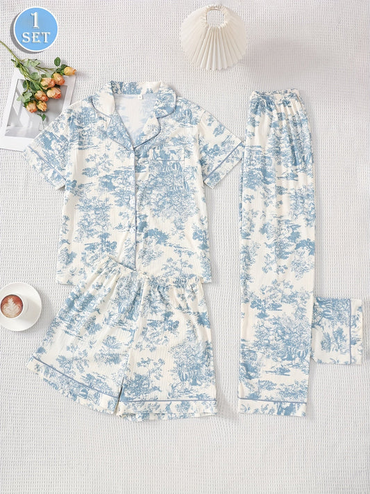 Womenβs 3-Piece Printed Pajama Set (Shirt + Pajama + Shorts)