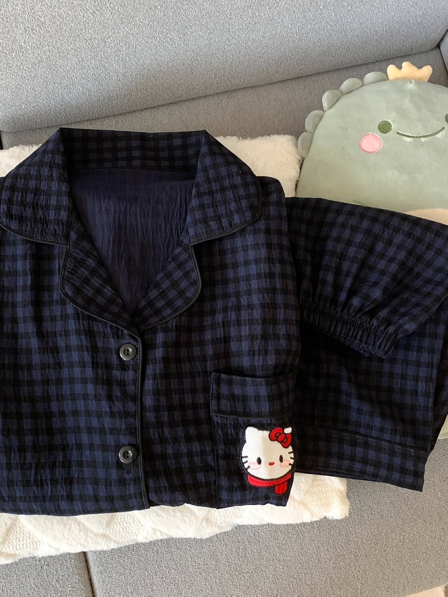 Navy Check Pajama Set with Hello Kitty Pocket β Shirt & Shorts