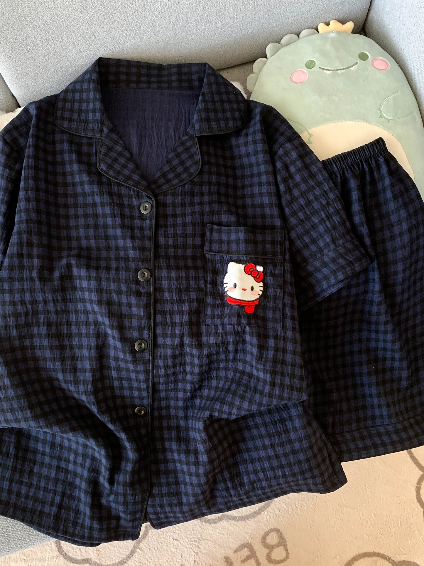 Navy Check Pajama Set with Hello Kitty Pocket β Shirt & Shorts