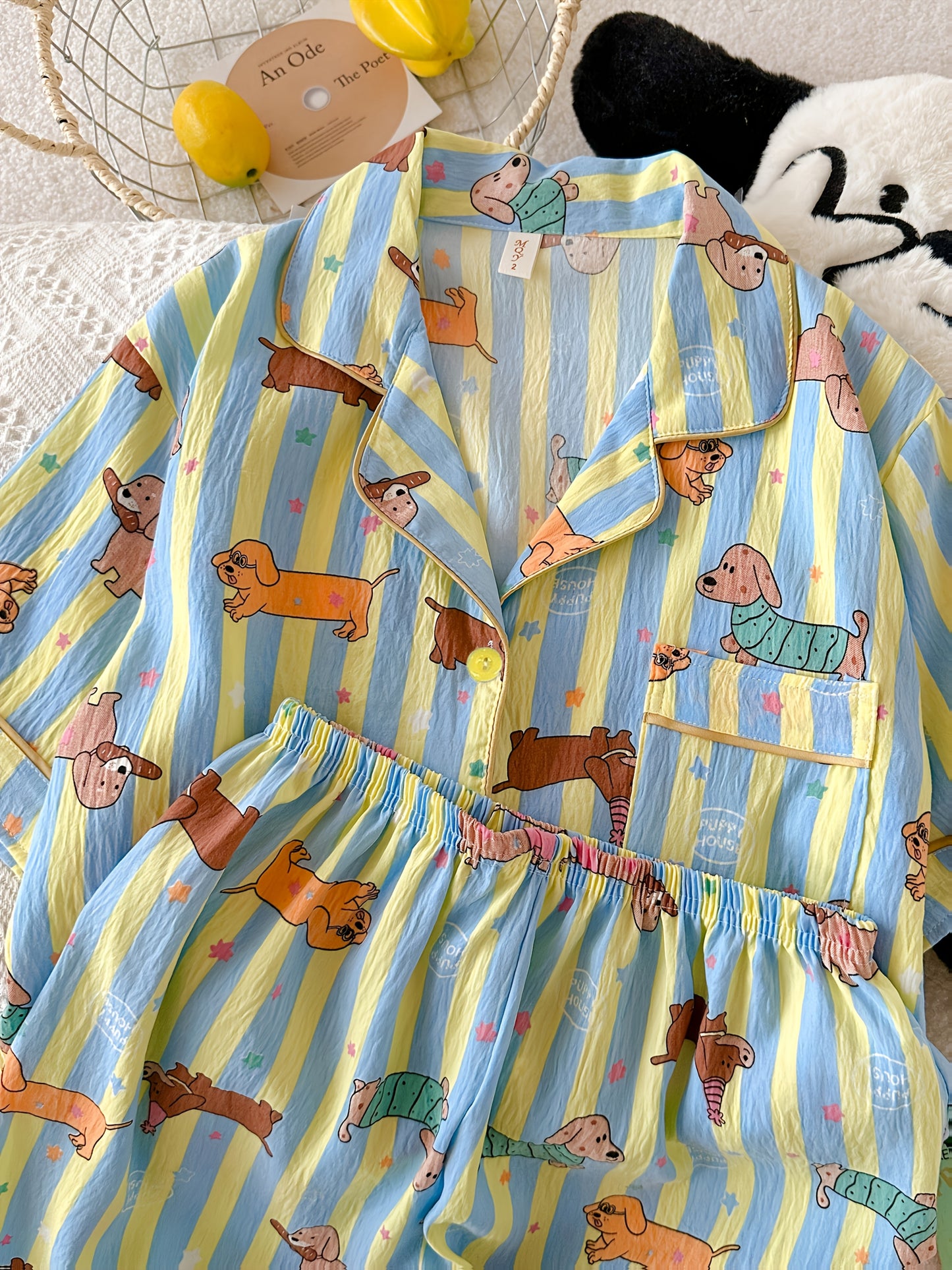 Cute Dachshund Print Striped Pajama Set β Short Sleeve & Shorts