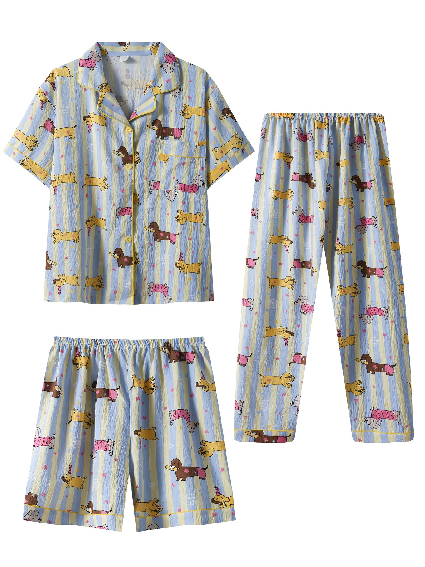 3-in-1 Dachshund Print Pajama Set β Shirt, Shorts & Pants