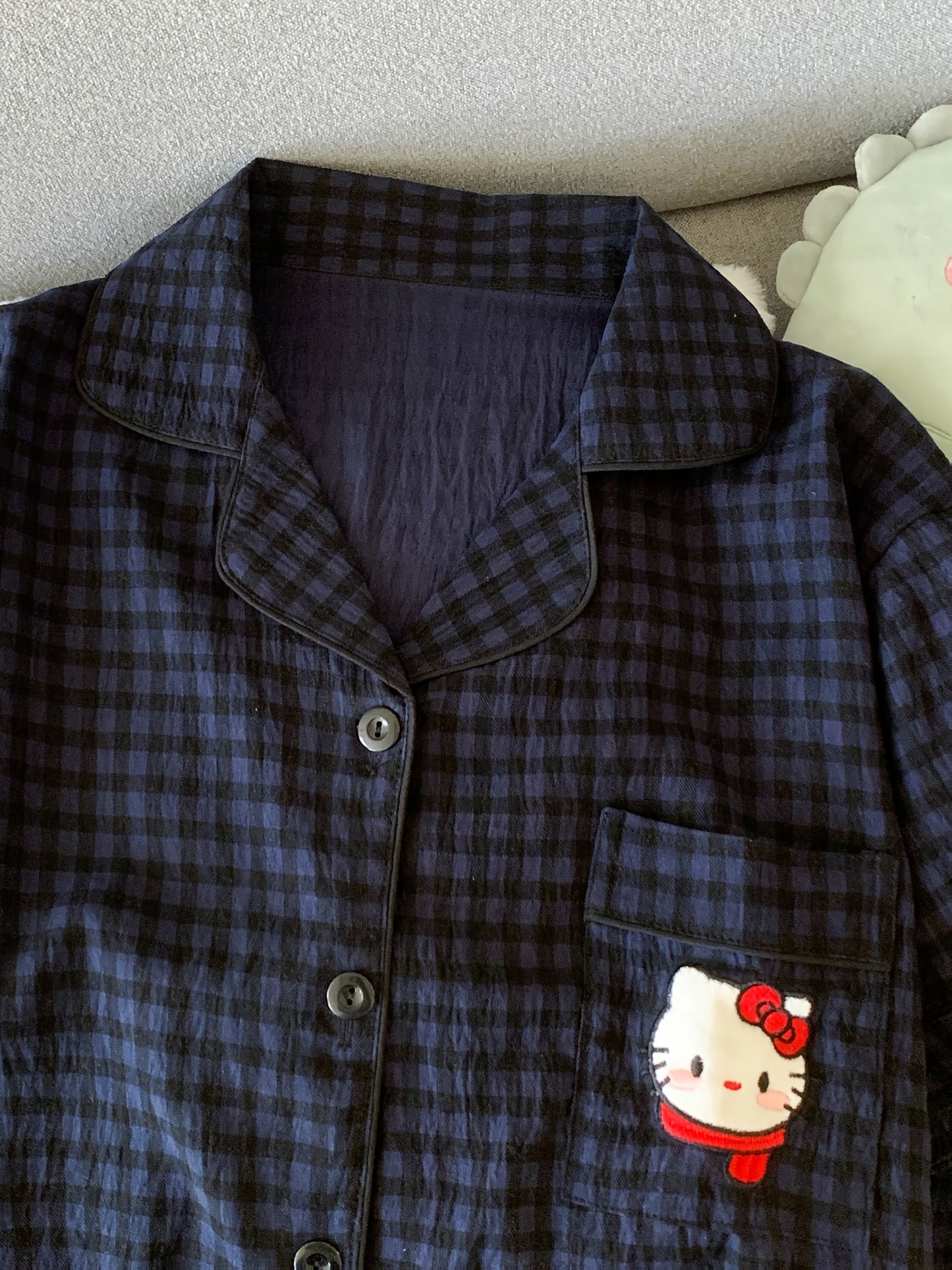 Navy Check Pajama Set with Hello Kitty Pocket β Shirt & Shorts