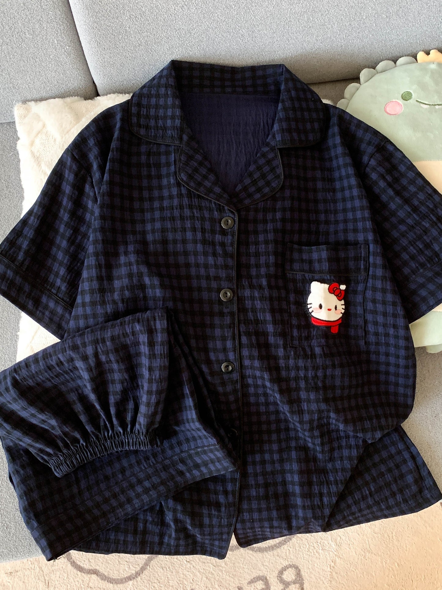Navy Check Pajama Set with Hello Kitty Pocket β Shirt & Shorts