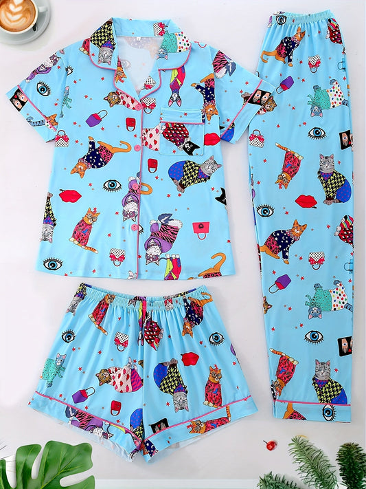 Quirky Cat Party Nightwear Set (3-Piece Combo)