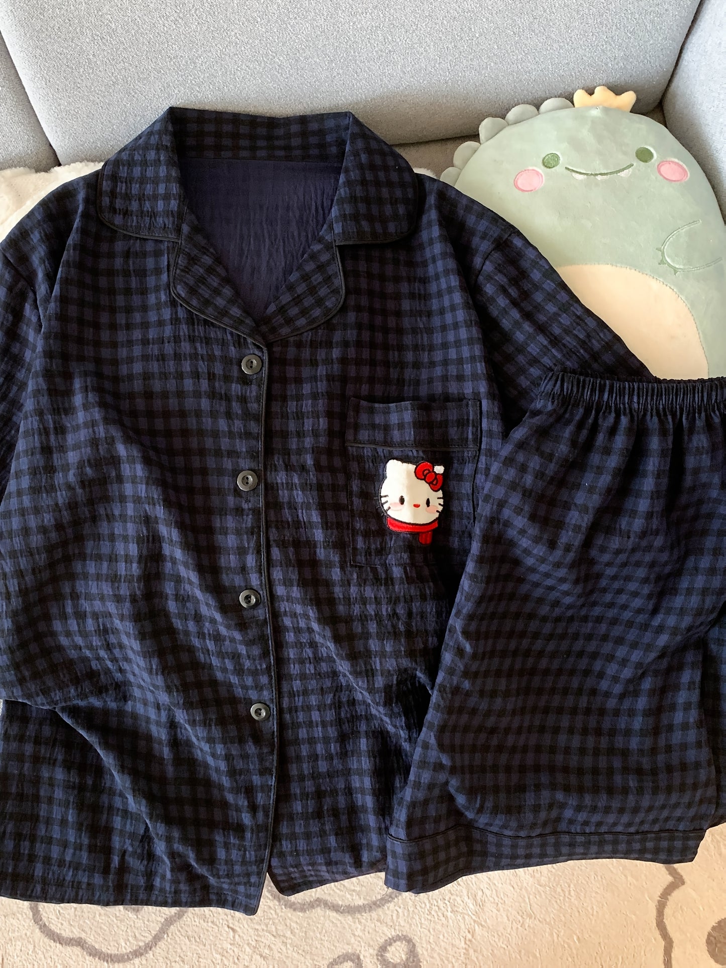 Navy Check Pajama Set with Hello Kitty Pocket β Shirt & Shorts