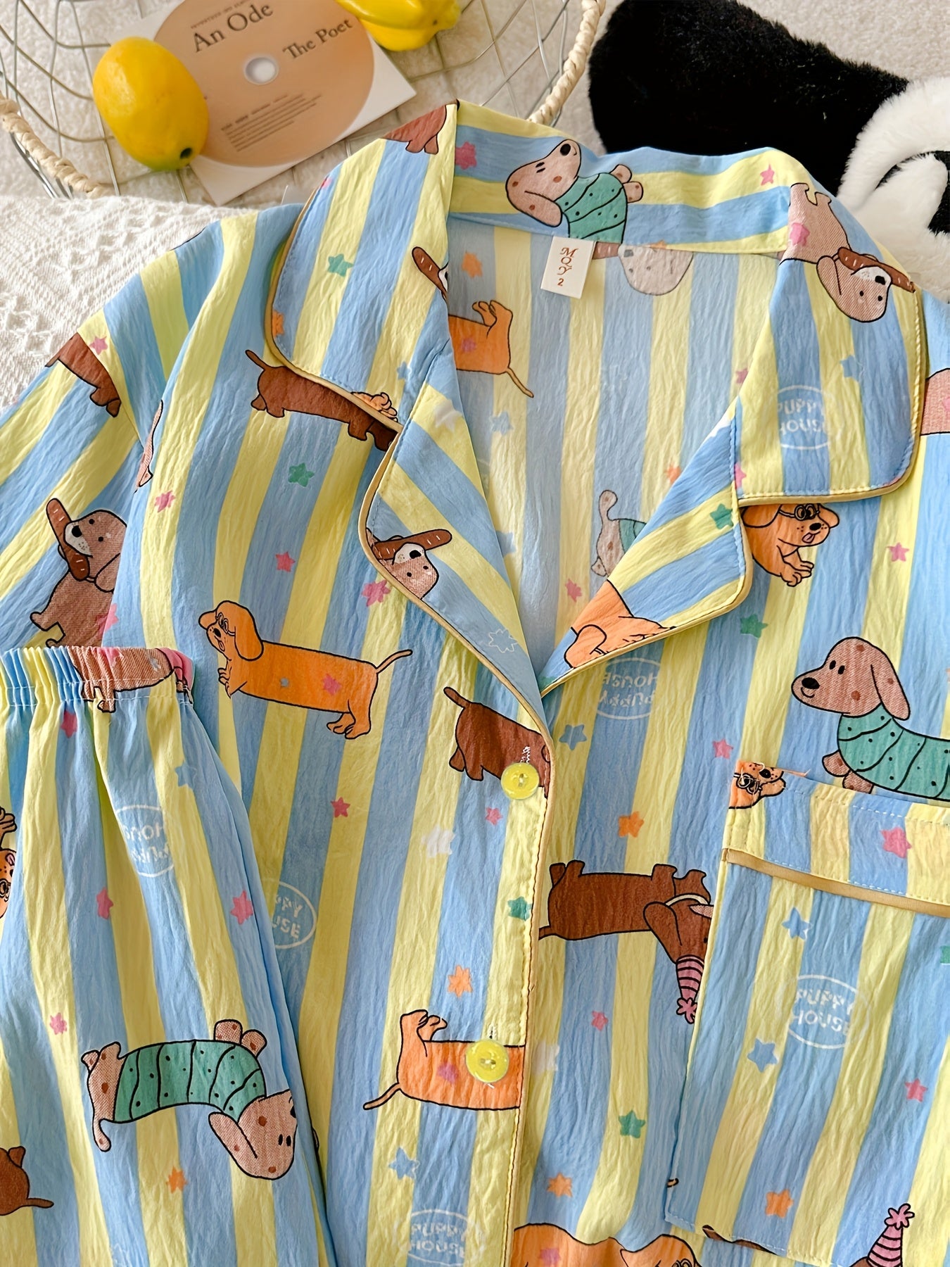Cute Dachshund Print Striped Pajama Set β Short Sleeve & Shorts
