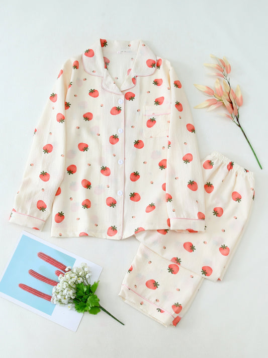 Strawberry Print Pajama Set – Shirt & Pants 🍓💤